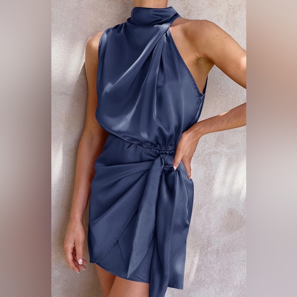 ZESICA 2024 Satin Sleeveless Halter Neck Tie Waist Wrap Bodycon Mini Dress